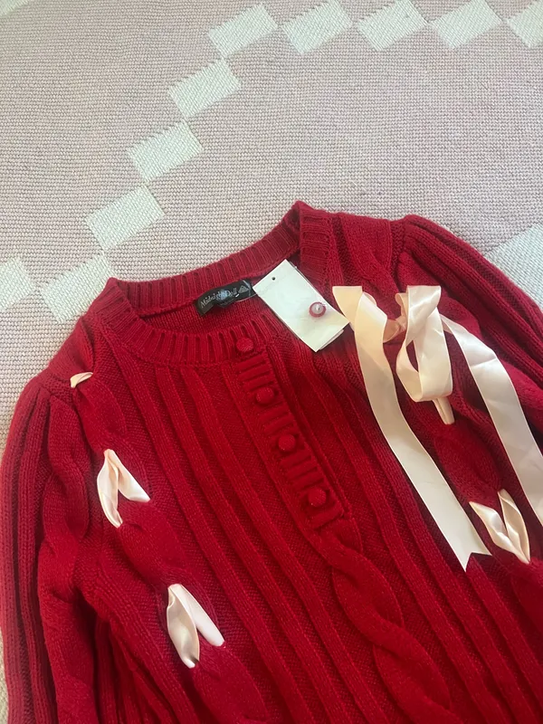 Midnight Doll Red Baby Pink Bow Coquette Open Knit Sweater Dress Winter Fall New - Image 2