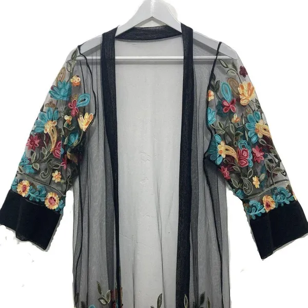 Women Floral Embroidered Mesh Long Jacket Cardigan Casual Coats Beach One Size - Image 3