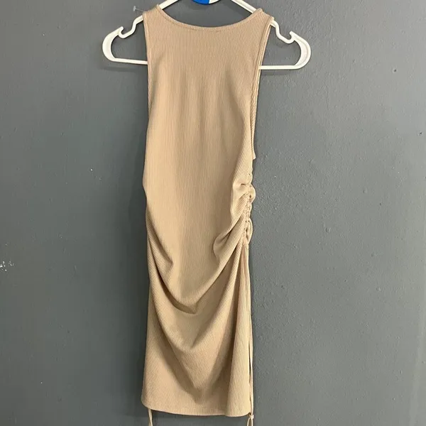 ZARA Tan High Neck Sleeveless Gathered Mini Bodycon Vacation Beach Dress Small # - Image 5