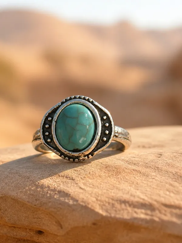 Turquoise Stone Silver-Tone Ladies Ring - Blue Size 8 - Image 2