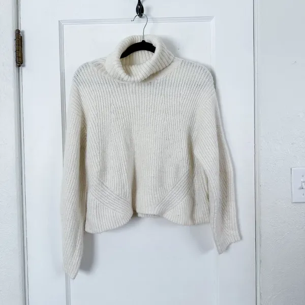 Cotton Candy‎ LA | Oversized Ribbed Turtleneck Cropped Sweater Ivory White - Image 2