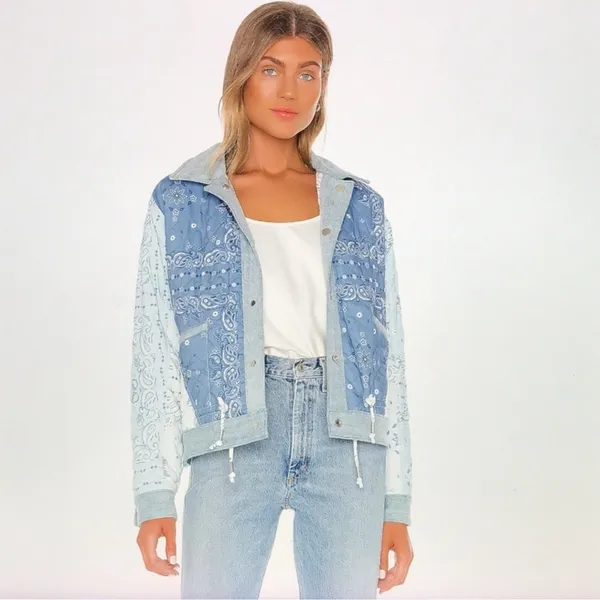 BLANK NYC Reversible Quilted Denim Jacket Large Blue Floral Snap Front Coat - Image 3