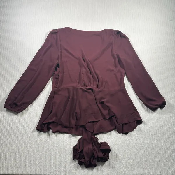 LOFT Womens Medium Burgundy Blouse Tie Front Long Sleeve Peplum Top - Image 10