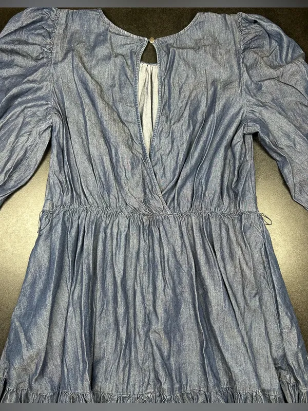 New York & Company Size L Denim Long Puff Sleeve Knee Length Dress - Image 6