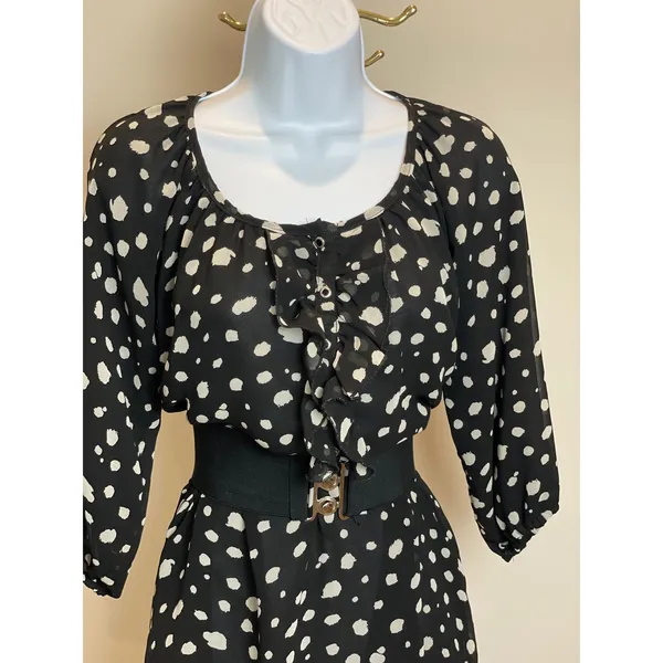 Francesca’s Collection Black White Polka Dot Chiffon Blouson Dress Sz L Ruffle - Image 2