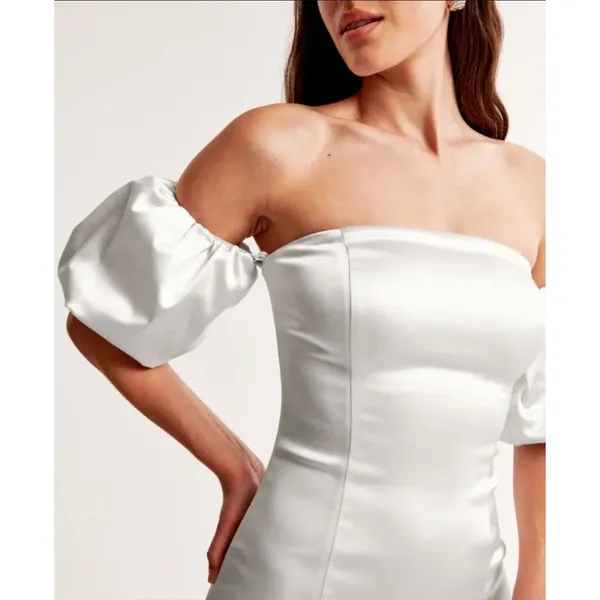 Abercrombie & Fitch Silver Satin Off the‎ Shoulder Puff Sleeve Mini Dress Large - Image 13