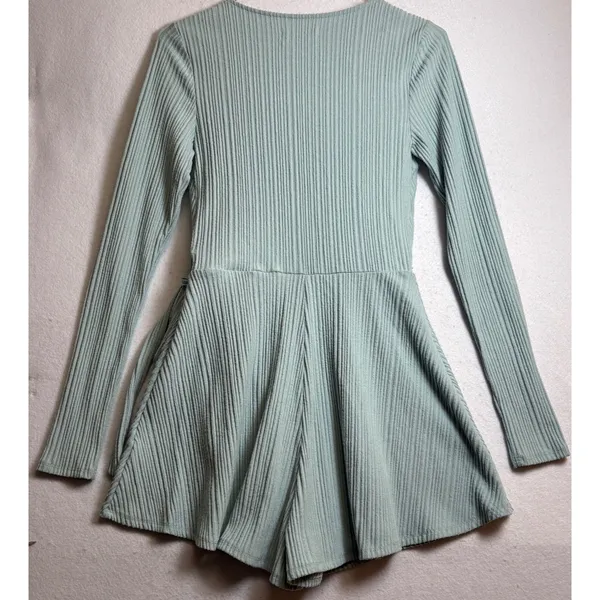 Urban Outfitters Ribbed Long Sleeve Wrap Romper Sage Green Small - Image 4
