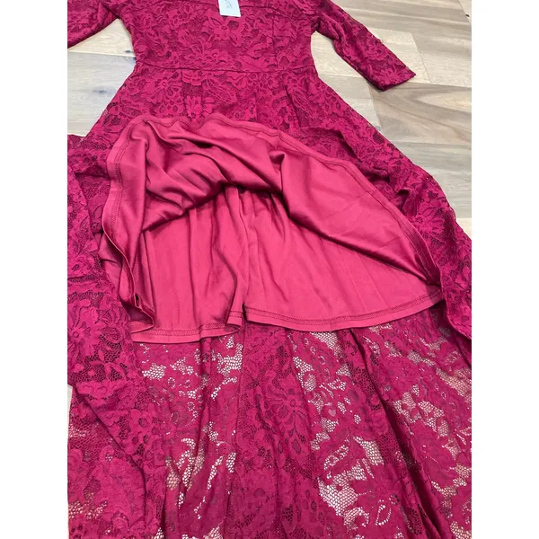 Anette NWT Small Red Wine Lace Dress High Low Hem Sheer Sleeves Lined - Image 9