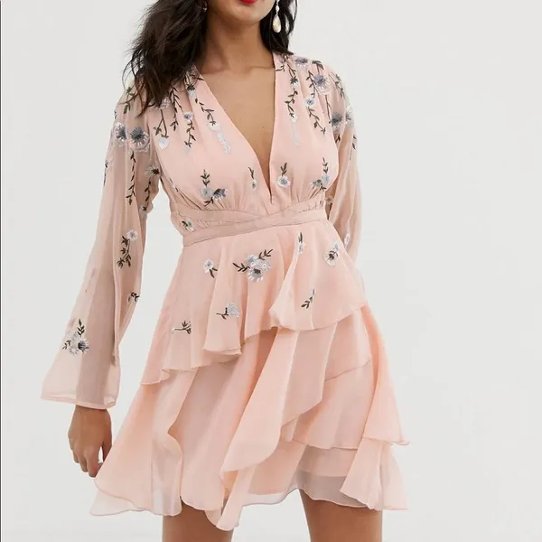 ✨ ASOS DESIGN tiered ruffle mini dress with embroidery and waist detail - Image 4