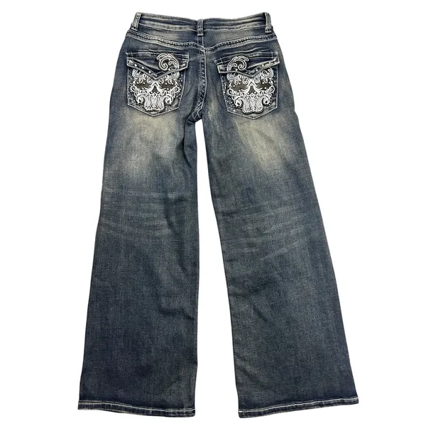 Telepatia Y2K Low Rise Wide Leg Jeans Rhinestone Embroidered McBling Sz 11 Diva - Image 5