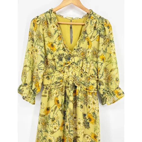 Floral Romantic Prairie Midi Maxi Dress Yellow Green Botanical Ruffle Size Large - Image 4