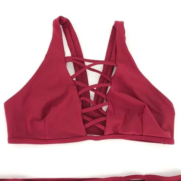Strappy Criss Cross Bikini‎ Set Maroon Size S Red - Image 2