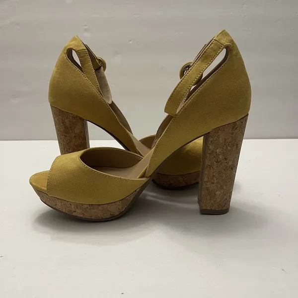 Sun +‎ Stone Reeta Sandals Yellow Suede Cork Platform Block Heel Womens 8.5W - Image 6