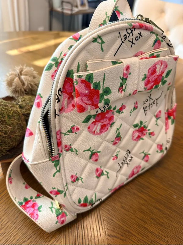 Betsey Johnson Floral Mini Backpack White Pink Roses Bow Purse - Image 3
