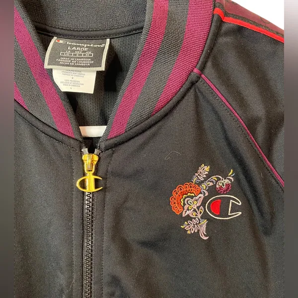 Champion Track Jacket‎ Floral Logo Women's L Black & Purple Varsity Streetwear - Image 2