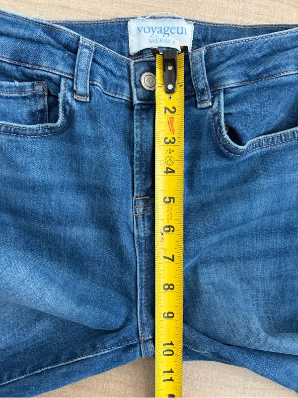 Voyageur by Mersea Nomad Cropped Mini Bootcut Flare Blue Denim Stretch Jeans 25 - Image 7