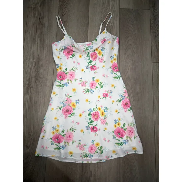 Altar'd State Girly Floral Pink Cowl Neck Satin Casual Mini Dress XS - Image 2