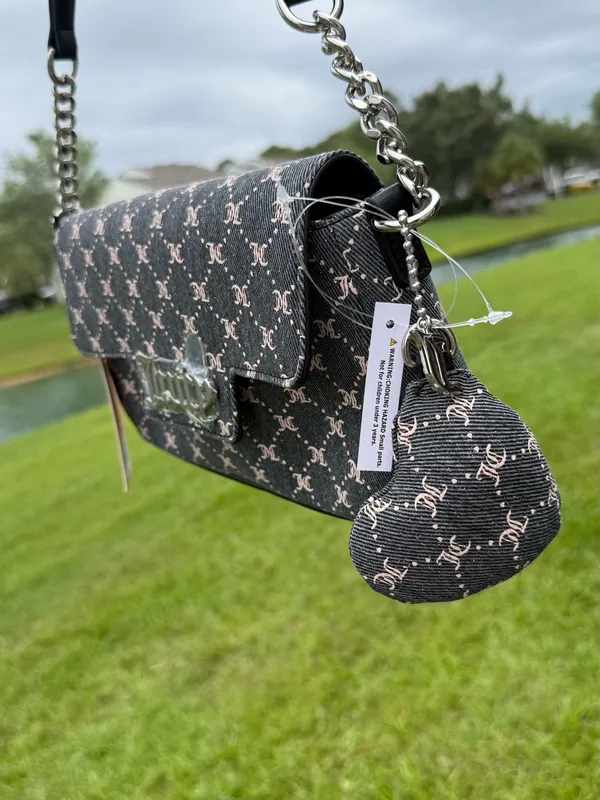 Juicy Couture Black Monogram Shoulder Bag Y2K Silver Chain Charm Purse NWT - Image 3