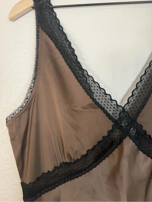 House Of Harlow 1960 Brown Satin Maxi Dress With Black Lace Trim size Large $198 - Image 13