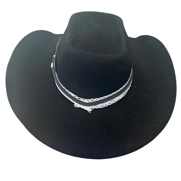 Black Felt Cowboy Hat One Size 7 1/2 Western Wool Festival Hatband Cowgirl Vegan - Image 3
