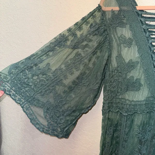 SHEIN Sheer Lace Boho Tunic Top Green One Size NWT Lace Up Babydoll‎ - Image 3