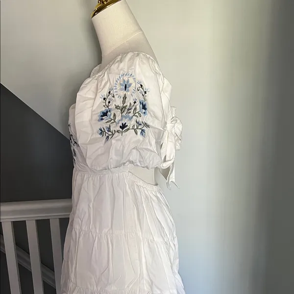 miami White Dress with Blue Floral Embroidery - Image 2