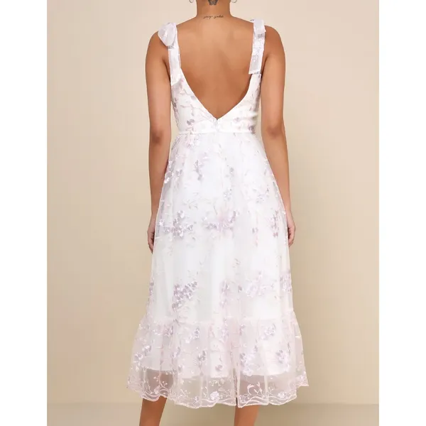 Lulus Distinctly Sweet White Floral Embroidered Tie-Strap Midi Dress - Image 3