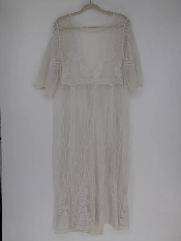 Cupshe Ivory Floral Lace Boho Kimono Maxi Swim Cover Up Long Sheer Mesh Medium - Image 11