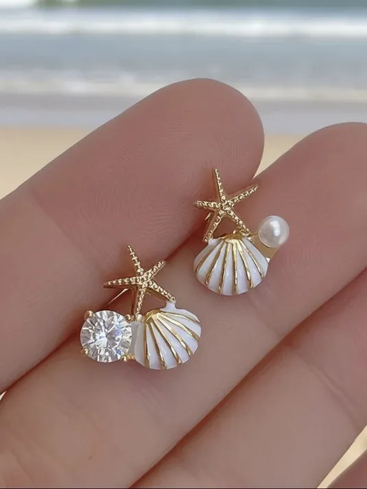 Gold Starfish & Shell Stud Earrings with White Enamel and Pearl Accent - Image 4