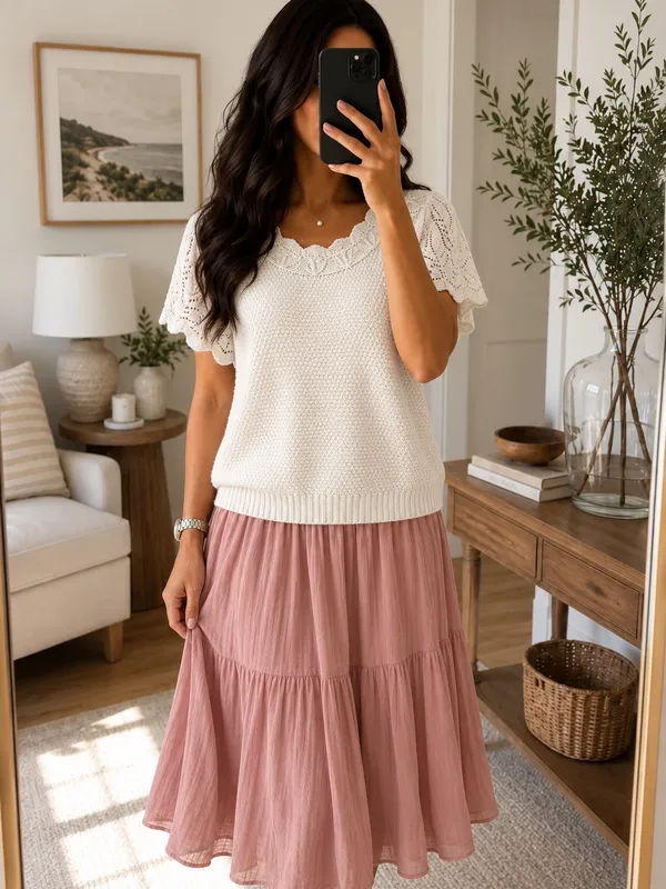Vintage Ivory Pointelle Knit Flutter Sleeve Scalloped Sweater Top - Image 8