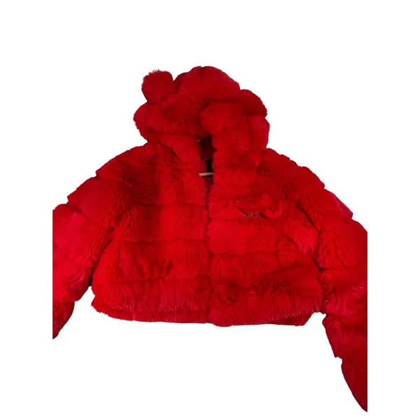 Disney Forever 21 Mickey Mouse Red Faux Fur Cropped Hooded Jacket Women’s M - Image 3