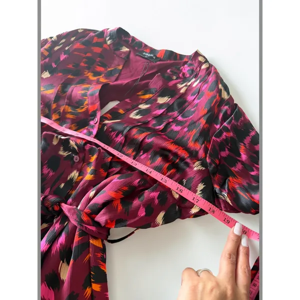 Sirena Abstract Leopard Print Mini Dress Burgundy Pink Long Sleeve Belted Small - Image 5