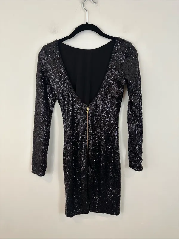 DRESS THE POPULATION Kelly Black Sequin Mini Dress Zipper Back Size XS - Image 4