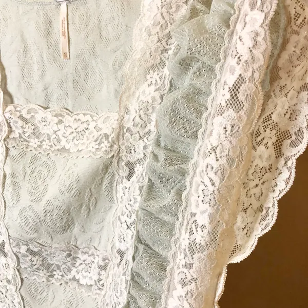 Free People Vintage Mixed lace Sheer Smocked Top Light Blue XS - Image 4