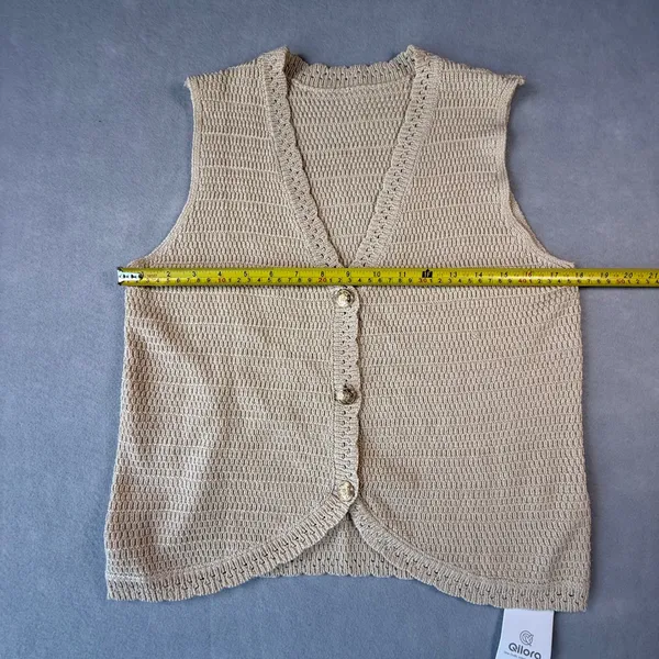 Womens Knit Vest Beige Tan V-Neck Button Scalloped Hem Small Bohemian Cottage - Image 6