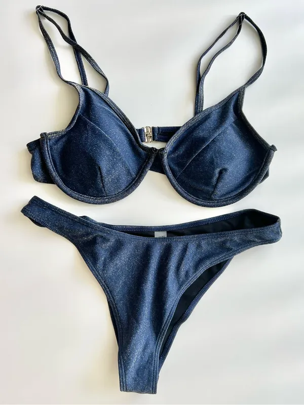 NWOT Navy Blue Shimmer Metallic Glitter Underwire Bikini Bathing Suit Set L - Image 7