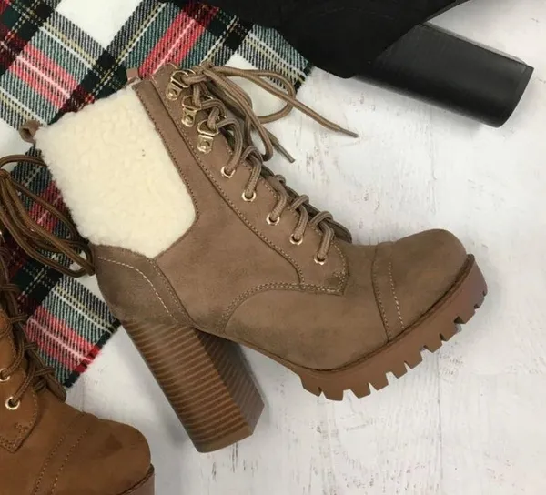 Top Moda Tan Sherpa Lug Sole Ankle Bootie - Image 2