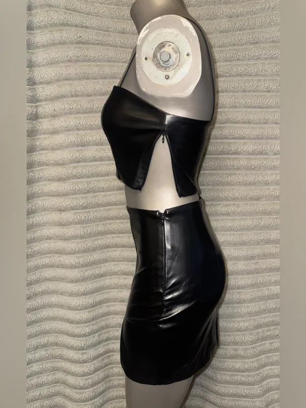 Forever 21 Black Faux Leather 2 Piece Set Corset Top + Mini Skirt S - Image 5