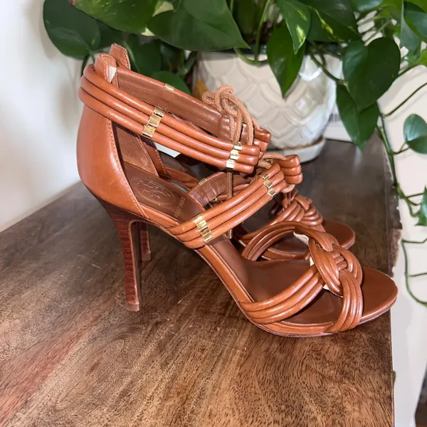 Tory‎ Burch Audrianna Knotted Leather Heeled Sandals Dressy - Tan Size 8M - Image 3