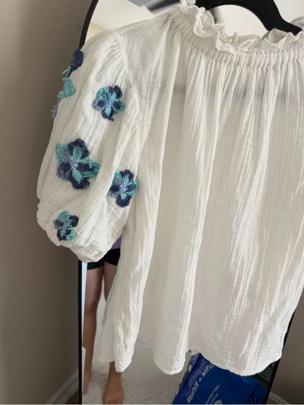 THML White Peasant Blouse with Blue & Teal Floral Embroidery - Image 2