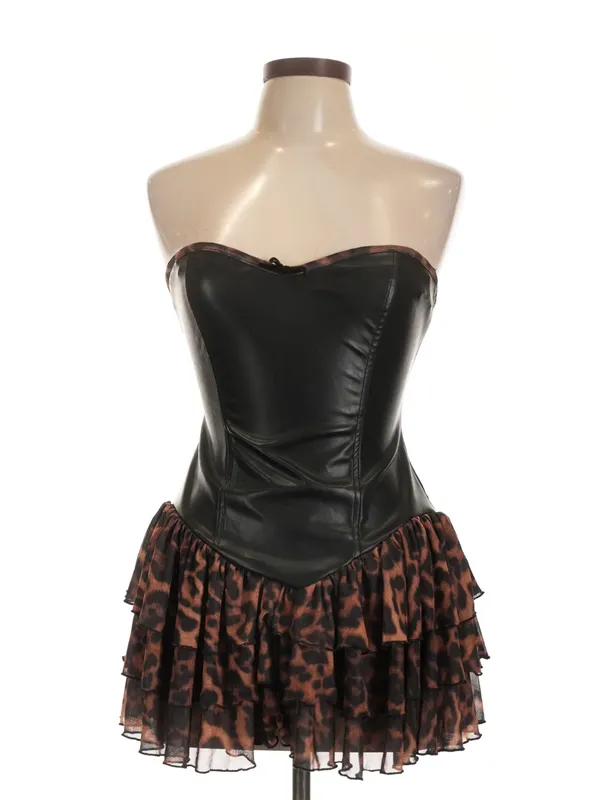 Black Faux Leather Strapless Corset Dress with Leopard Ruffle Skirt - Image 5