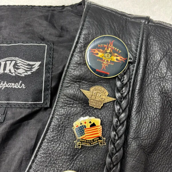 Unik Vintage Motorcycle Black Leather Vest with Unique Pins Size L‎ - Image 15