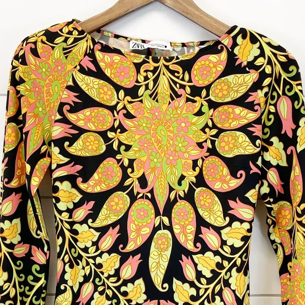 Zara Womens XS Mini Bodycon Floral Paisley Dress Bell Sleeve Cutout Multicolor‎ - Image 5
