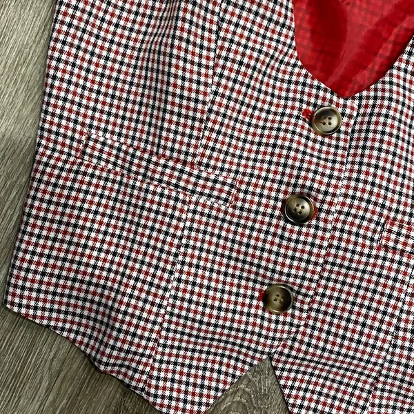 Vintage plaid checkered tuxedo vest button front red checks gingham small - Image 4