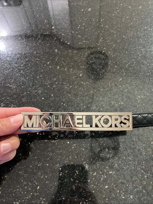 Michael Kors Black Quilted Silver MK Logo Buckle Belt Size Large - Image 6