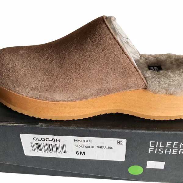 Eileen Fisher Tan Suede Shearling-Lined Clog Mules - Image 3