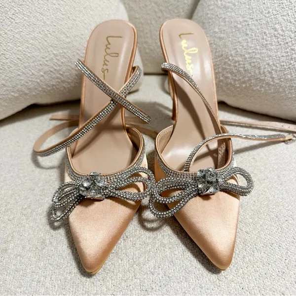 Lulus Lullie Rose Gold Satin Rhinestone Ankle Strap Pointed-Toe Pumps sz 8 - Image 7