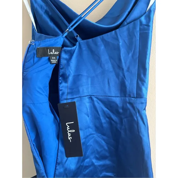 Lulus Luxe Reputation Blue Satin Sleeveless Cowl Neck Mini Dress Size XS NWT - Image 6