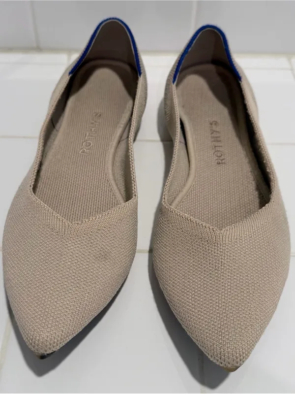 Rothy's Pointed Toe Knit Flats in Light Beige with Blue Trim - Image 3