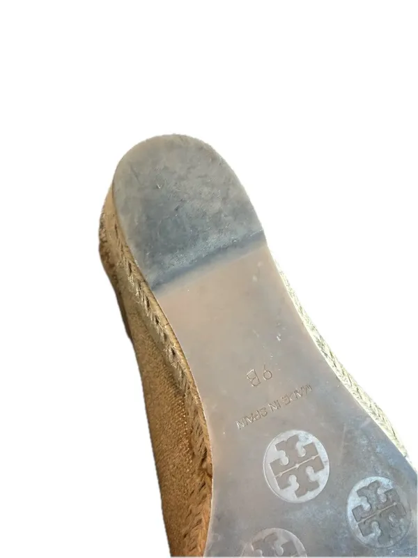 Tory Burch Tan Canvas Peep Toe Espadrille Wedges Platform Stretch Size 9 Women's - Image 13